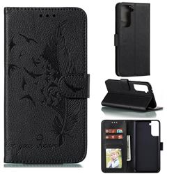 Intricate Embossing Lychee Feather Bird Leather Wallet Case for Samsung Galaxy S21 Plus / S30 Plus - Black