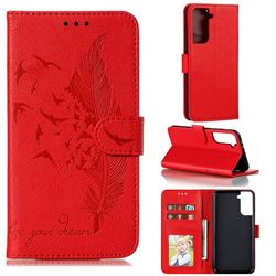 Intricate Embossing Lychee Feather Bird Leather Wallet Case for Samsung Galaxy S21 Plus / S30 Plus - Red
