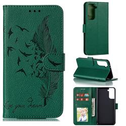 Intricate Embossing Lychee Feather Bird Leather Wallet Case for Samsung Galaxy S21 Plus / S30 Plus - Green