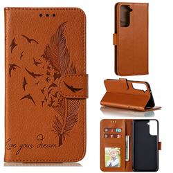 Intricate Embossing Lychee Feather Bird Leather Wallet Case for Samsung Galaxy S21 Plus / S30 Plus - Brown