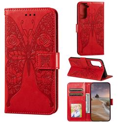 Intricate Embossing Rose Flower Butterfly Leather Wallet Case for Samsung Galaxy S21 Plus / S30 Plus - Red