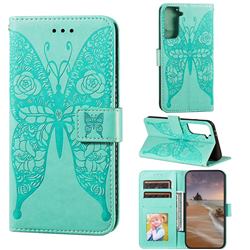 Intricate Embossing Rose Flower Butterfly Leather Wallet Case for Samsung Galaxy S21 Plus / S30 Plus - Green