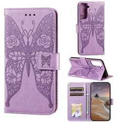 Intricate Embossing Rose Flower Butterfly Leather Wallet Case for Samsung Galaxy S21 Plus / S30 Plus - Purple