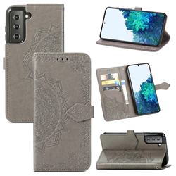Embossing Imprint Mandala Flower Leather Wallet Case for Samsung Galaxy S21 Plus / S30 Plus - Gray