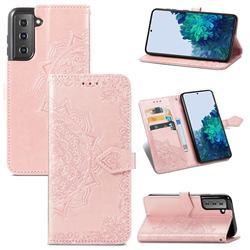 Embossing Imprint Mandala Flower Leather Wallet Case for Samsung Galaxy S21 Plus / S30 Plus - Rose Gold