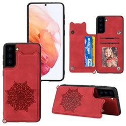 Luxury Mandala Multi-function Magnetic Card Slots Stand Leather Back Cover for Samsung Galaxy S21 Plus - Red