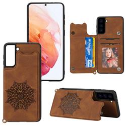 Luxury Mandala Multi-function Magnetic Card Slots Stand Leather Back Cover for Samsung Galaxy S21 Plus - Brown