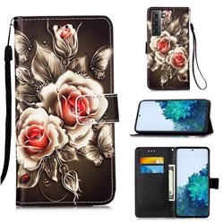 Black Rose Matte Leather Wallet Phone Case for Samsung Galaxy S21 Plus