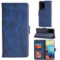 Embossing Happy Cat Leather Wallet Case for Samsung Galaxy S21 Plus - Blue