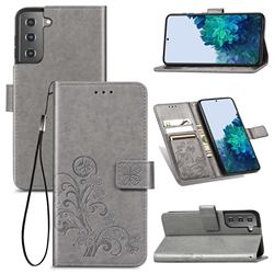 Embossing Imprint Four-Leaf Clover Leather Wallet Case for Samsung Galaxy S21 Plus - Grey