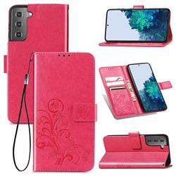 Embossing Imprint Four-Leaf Clover Leather Wallet Case for Samsung Galaxy S21 Plus - Rose Red