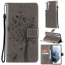 Embossing Butterfly Tree Leather Wallet Case for Samsung Galaxy S21 Plus - Grey