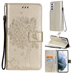 Embossing Butterfly Tree Leather Wallet Case for Samsung Galaxy S21 Plus - Champagne