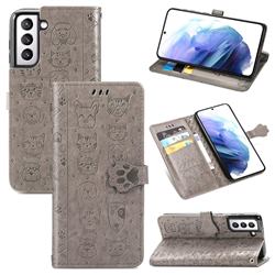 Embossing Dog Paw Kitten and Puppy Leather Wallet Case for Samsung Galaxy S21 Plus - Gray