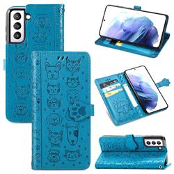 Embossing Dog Paw Kitten and Puppy Leather Wallet Case for Samsung Galaxy S21 Plus - Blue
