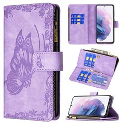 Binfen Color Imprint Vivid Butterfly Buckle Zipper Multi-function Leather Phone Wallet for Samsung Galaxy S21 Plus - Purple
