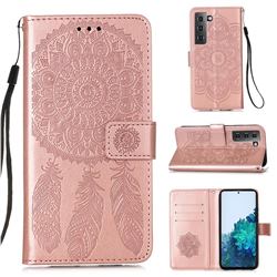 Embossing Dream Catcher Mandala Flower Leather Wallet Case for Samsung Galaxy S21 Plus - Rose Gold