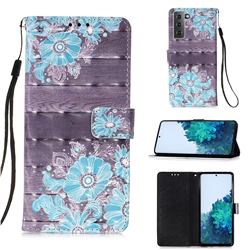 Blue Flower 3D Painted Leather Wallet Case for Samsung Galaxy S21 Plus