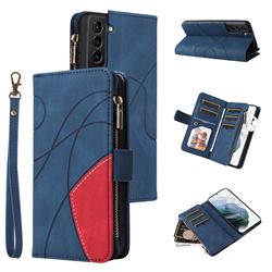 Luxury Two-color Stitching Multi-function Zipper Leather Wallet Case Cover for Samsung Galaxy S21 Plus - Blue