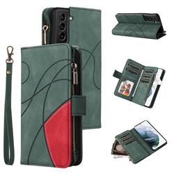 Luxury Two-color Stitching Multi-function Zipper Leather Wallet Case Cover for Samsung Galaxy S21 Plus - Green