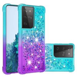 Rainbow Gradient Liquid Glitter Quicksand Sequins Phone Case for Samsung Galaxy S21 Ultra - Blue Purple
