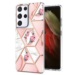 Pink Flower Marble Electroplating Protective Case Cover for Samsung Galaxy S21 Ultra