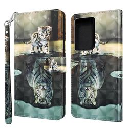 Tiger and Cat 3D Painted Leather Wallet Case for Samsung Galaxy S21 Ultra / S30 Ultra