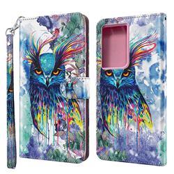 Watercolor Owl 3D Painted Leather Wallet Case for Samsung Galaxy S21 Ultra / S30 Ultra