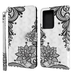 Black Lace Flower 3D Painted Leather Wallet Case for Samsung Galaxy S21 Ultra / S30 Ultra