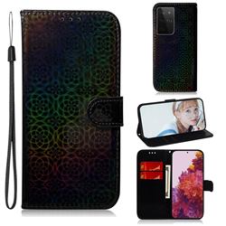 Laser Circle Shining Leather Wallet Phone Case for Samsung Galaxy S21 Ultra / S30 Ultra - Black