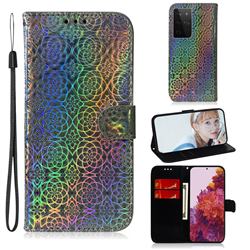 Laser Circle Shining Leather Wallet Phone Case for Samsung Galaxy S21 Ultra / S30 Ultra - Silver