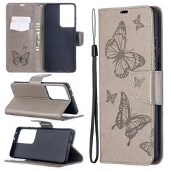 Embossing Double Butterfly Leather Wallet Case for Samsung Galaxy S21 Ultra / S30 Ultra - Gray