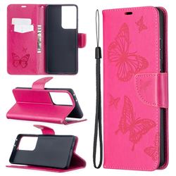 Embossing Double Butterfly Leather Wallet Case for Samsung Galaxy S21 Ultra / S30 Ultra - Red