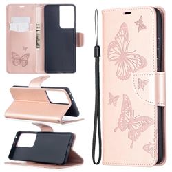 Embossing Double Butterfly Leather Wallet Case for Samsung Galaxy S21 Ultra / S30 Ultra - Rose Gold
