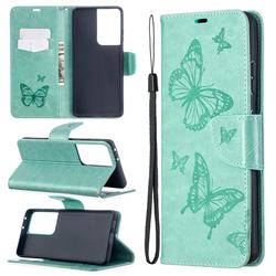 Embossing Double Butterfly Leather Wallet Case for Samsung Galaxy S21 Ultra / S30 Ultra - Green