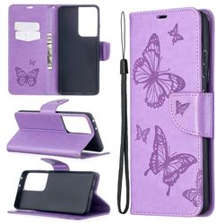 Embossing Double Butterfly Leather Wallet Case for Samsung Galaxy S21 Ultra / S30 Ultra - Purple
