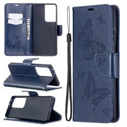 Embossing Double Butterfly Leather Wallet Case for Samsung Galaxy S21 Ultra / S30 Ultra - Dark Blue