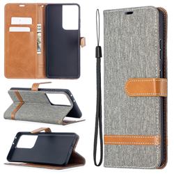 Jeans Cowboy Denim Leather Wallet Case for Samsung Galaxy S21 Ultra / S30 Ultra - Gray