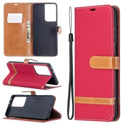 Jeans Cowboy Denim Leather Wallet Case for Samsung Galaxy S21 Ultra / S30 Ultra - Red