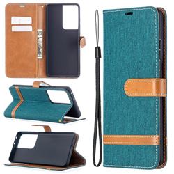Jeans Cowboy Denim Leather Wallet Case for Samsung Galaxy S21 Ultra / S30 Ultra - Green