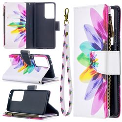 Seven-color Flowers Binfen Color BF03 Retro Zipper Leather Wallet Phone Case for Samsung Galaxy S21 Ultra / S30 Ultra