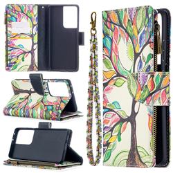 The Tree of Life Binfen Color BF03 Retro Zipper Leather Wallet Phone Case for Samsung Galaxy S21 Ultra / S30 Ultra