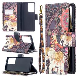 Totem Flower Elephant Binfen Color BF03 Retro Zipper Leather Wallet Phone Case for Samsung Galaxy S21 Ultra / S30 Ultra