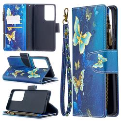Golden Butterflies Binfen Color BF03 Retro Zipper Leather Wallet Phone Case for Samsung Galaxy S21 Ultra / S30 Ultra