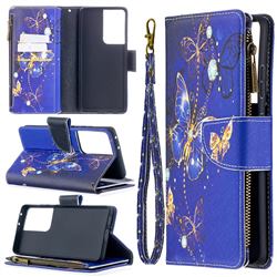 Purple Butterfly Binfen Color BF03 Retro Zipper Leather Wallet Phone Case for Samsung Galaxy S21 Ultra / S30 Ultra