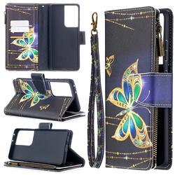 Golden Shining Butterfly Binfen Color BF03 Retro Zipper Leather Wallet Phone Case for Samsung Galaxy S21 Ultra / S30 Ultra