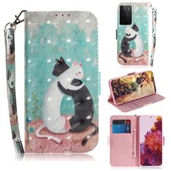Black and White Cat 3D Painted Leather Wallet Phone Case for Samsung Galaxy S21 Ultra / S30 Ultra