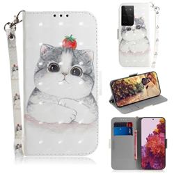 Cute Tomato Cat 3D Painted Leather Wallet Phone Case for Samsung Galaxy S21 Ultra / S30 Ultra