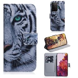 White Tiger PU Leather Wallet Case for Samsung Galaxy S21 Ultra / S30 Ultra