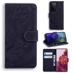 Intricate Embossing Tiger Face Leather Wallet Case for Samsung Galaxy S21 Ultra / S30 Ultra - Black